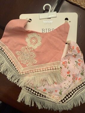 kensie Pink Floral Crochet Fringe Baby Bibs